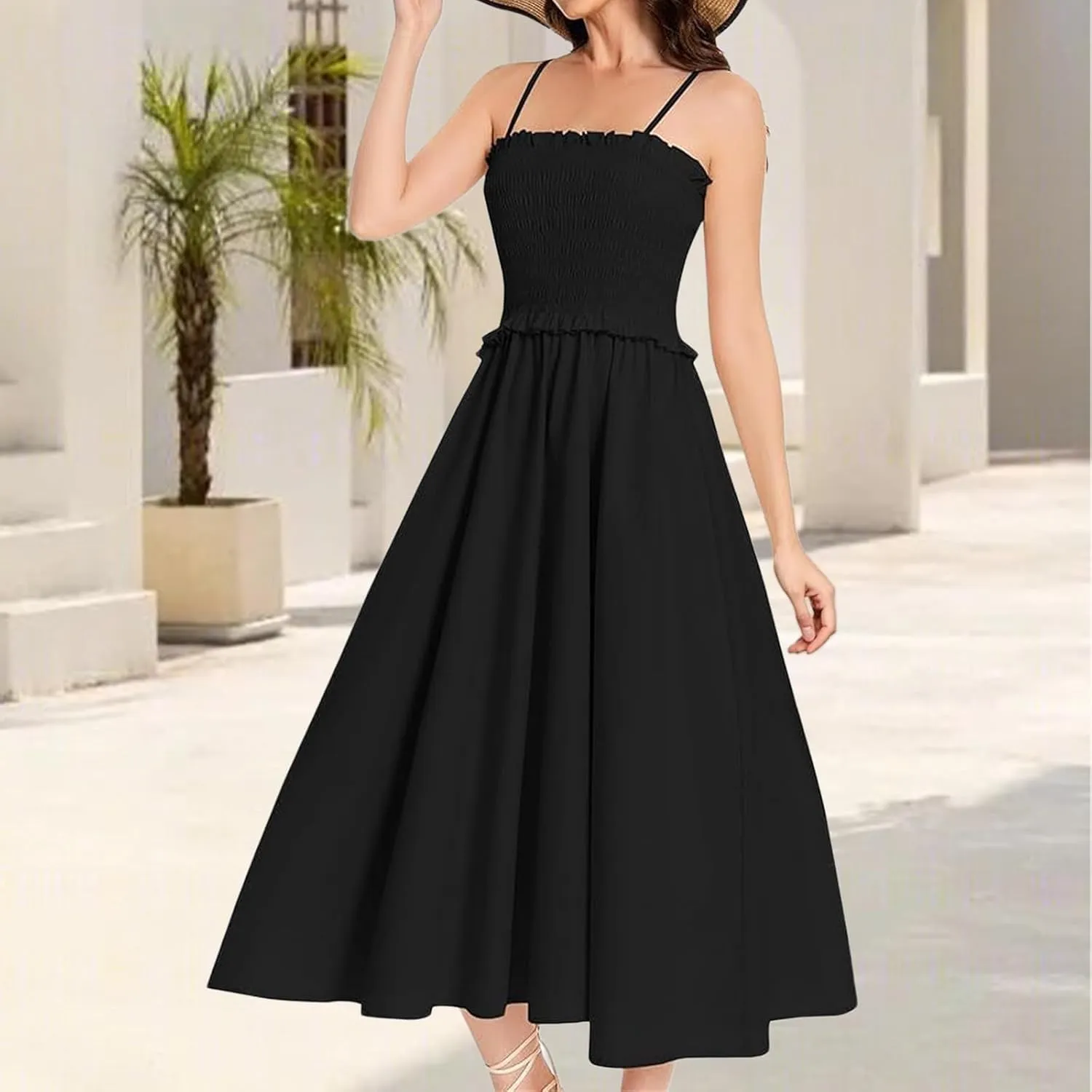 Womens Casual Dresses Summer Sleeveless Spaghetti Strap Maxi Dress Trendy Pleated Backless Ruffle Hem Tunic Dresses