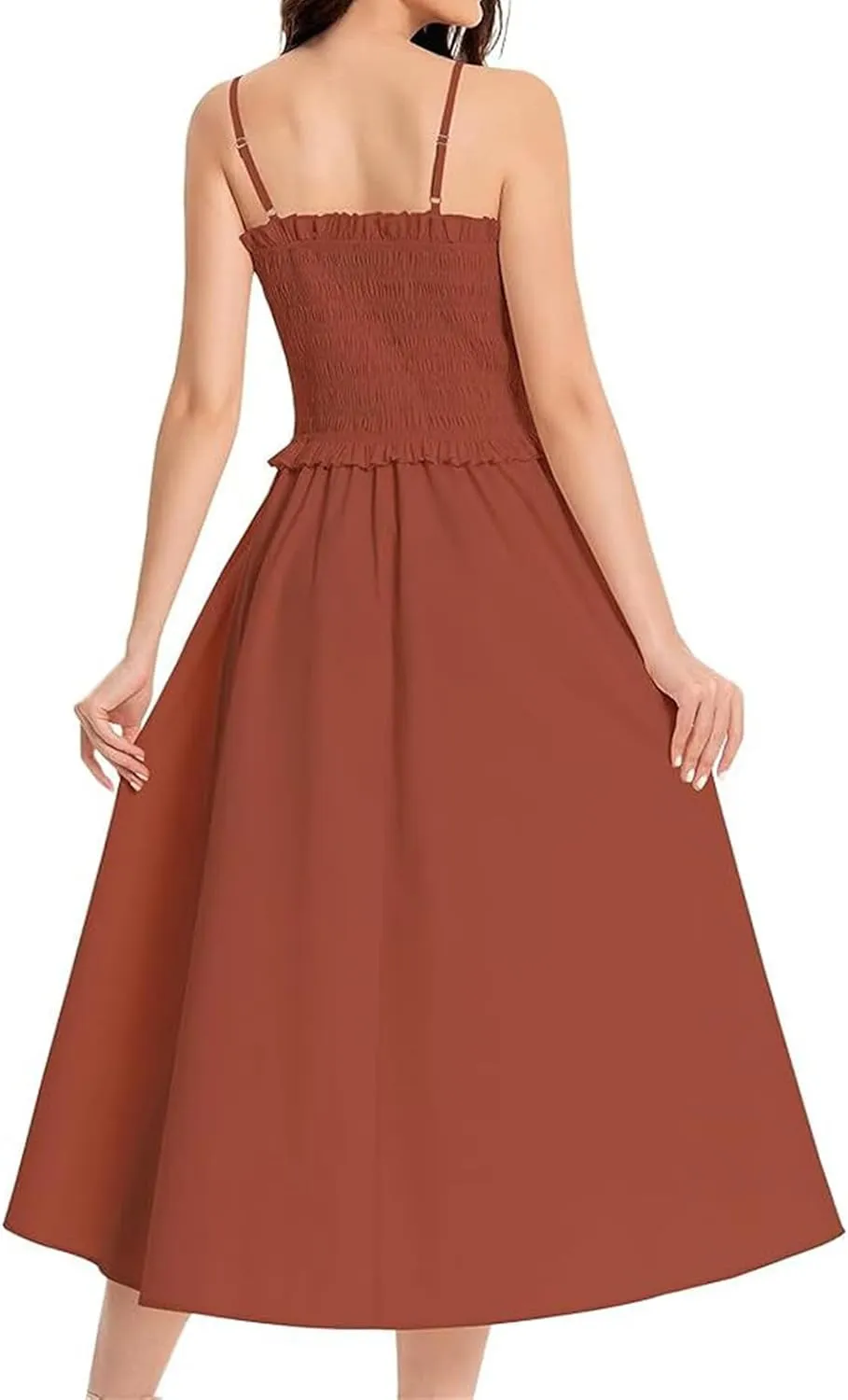 Womens Casual Dresses Summer Sleeveless Spaghetti Strap Maxi Dress Trendy Pleated Backless Ruffle Hem Tunic Dresses