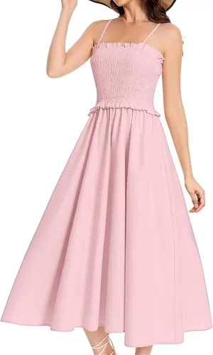Womens Casual Dresses Summer Sleeveless Spaghetti Strap Maxi Dress Trendy Pleated Backless Ruffle Hem Tunic Dresses