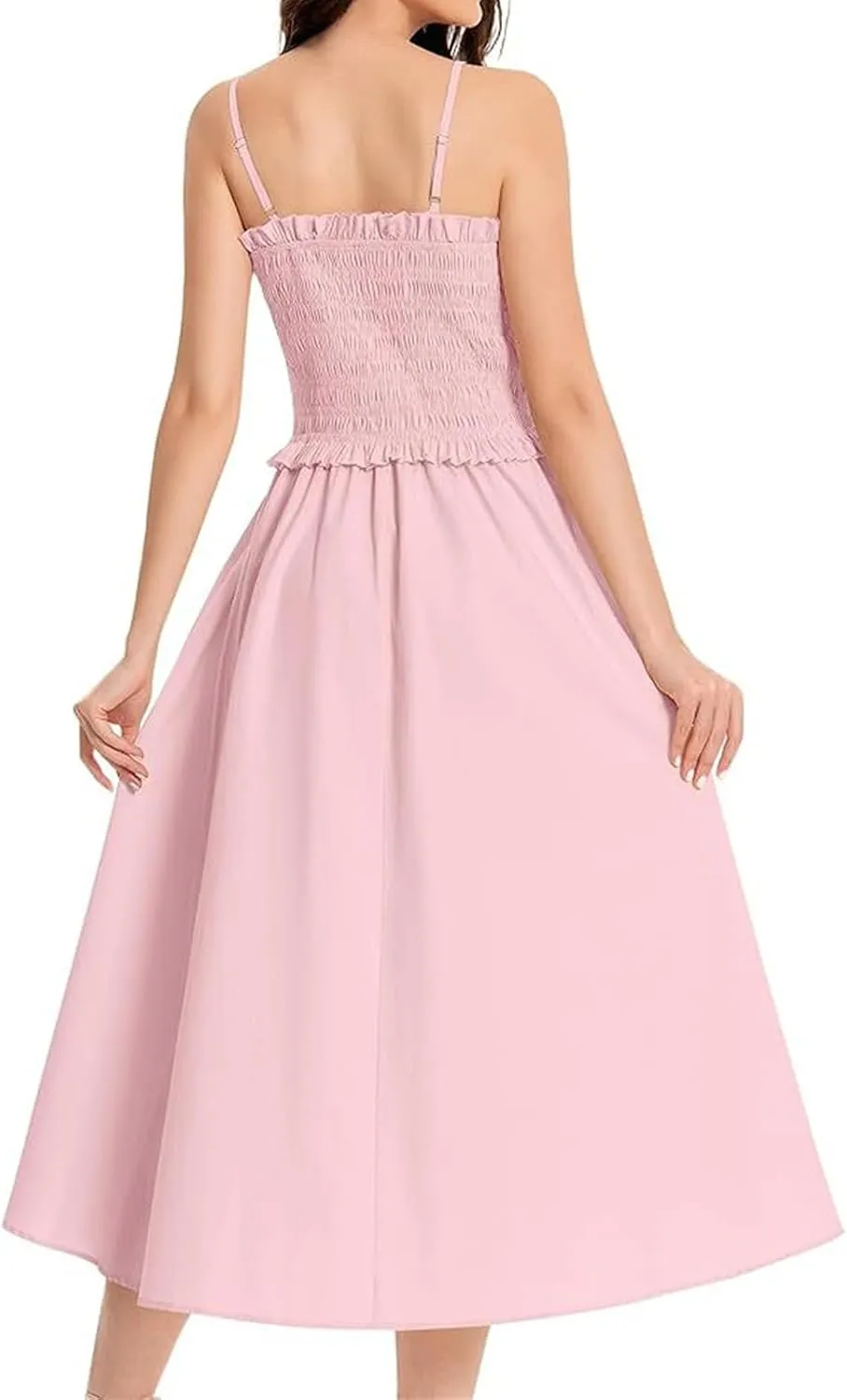 Womens Casual Dresses Summer Sleeveless Spaghetti Strap Maxi Dress Trendy Pleated Backless Ruffle Hem Tunic Dresses