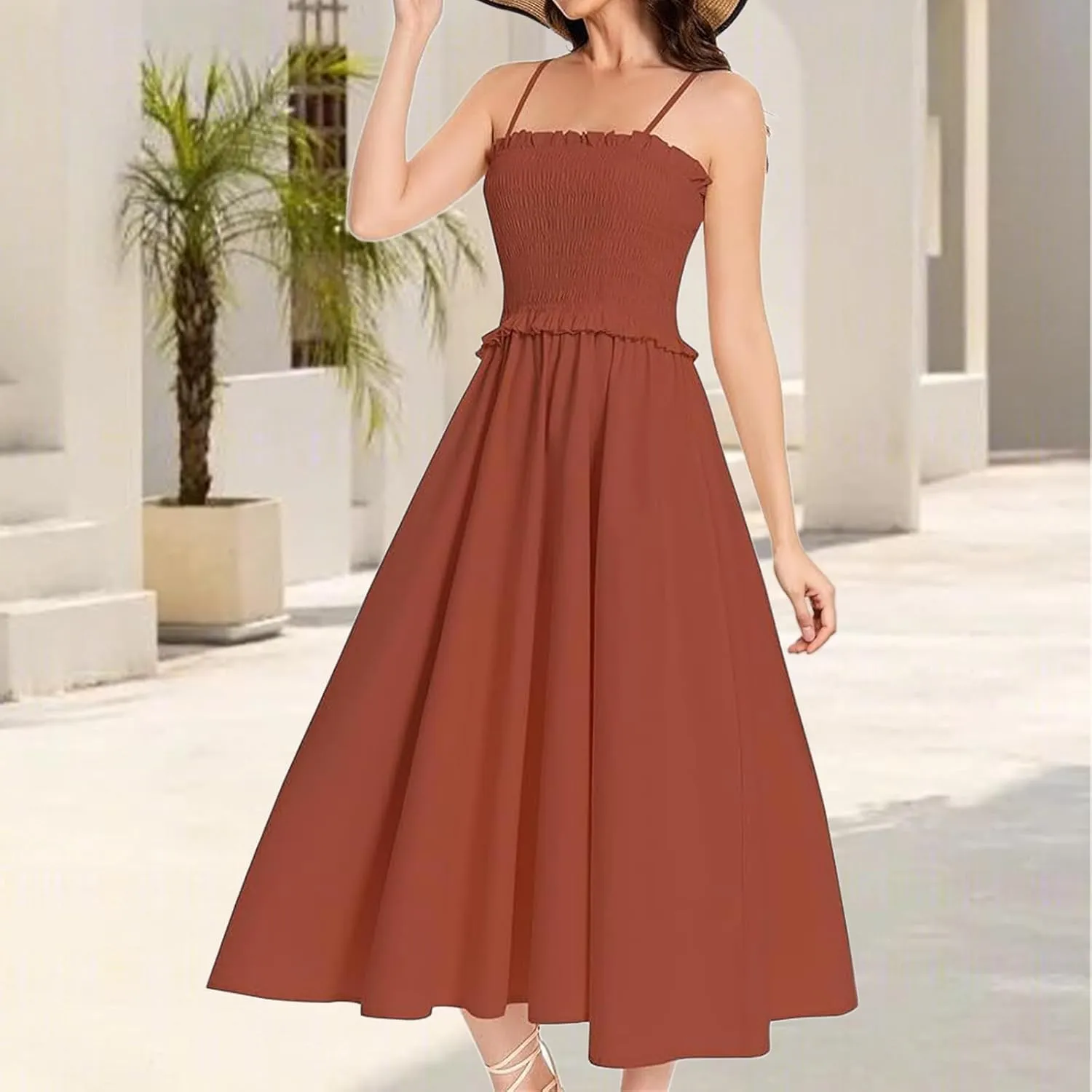 Womens Casual Dresses Summer Sleeveless Spaghetti Strap Maxi Dress Trendy Pleated Backless Ruffle Hem Tunic Dresses