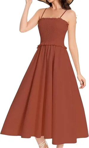 Womens Casual Dresses Summer Sleeveless Spaghetti Strap Maxi Dress Trendy Pleated Backless Ruffle Hem Tunic Dresses