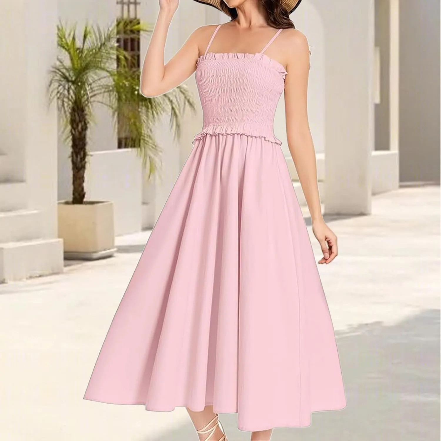 Womens Casual Dresses Summer Sleeveless Spaghetti Strap Maxi Dress Trendy Pleated Backless Ruffle Hem Tunic Dresses