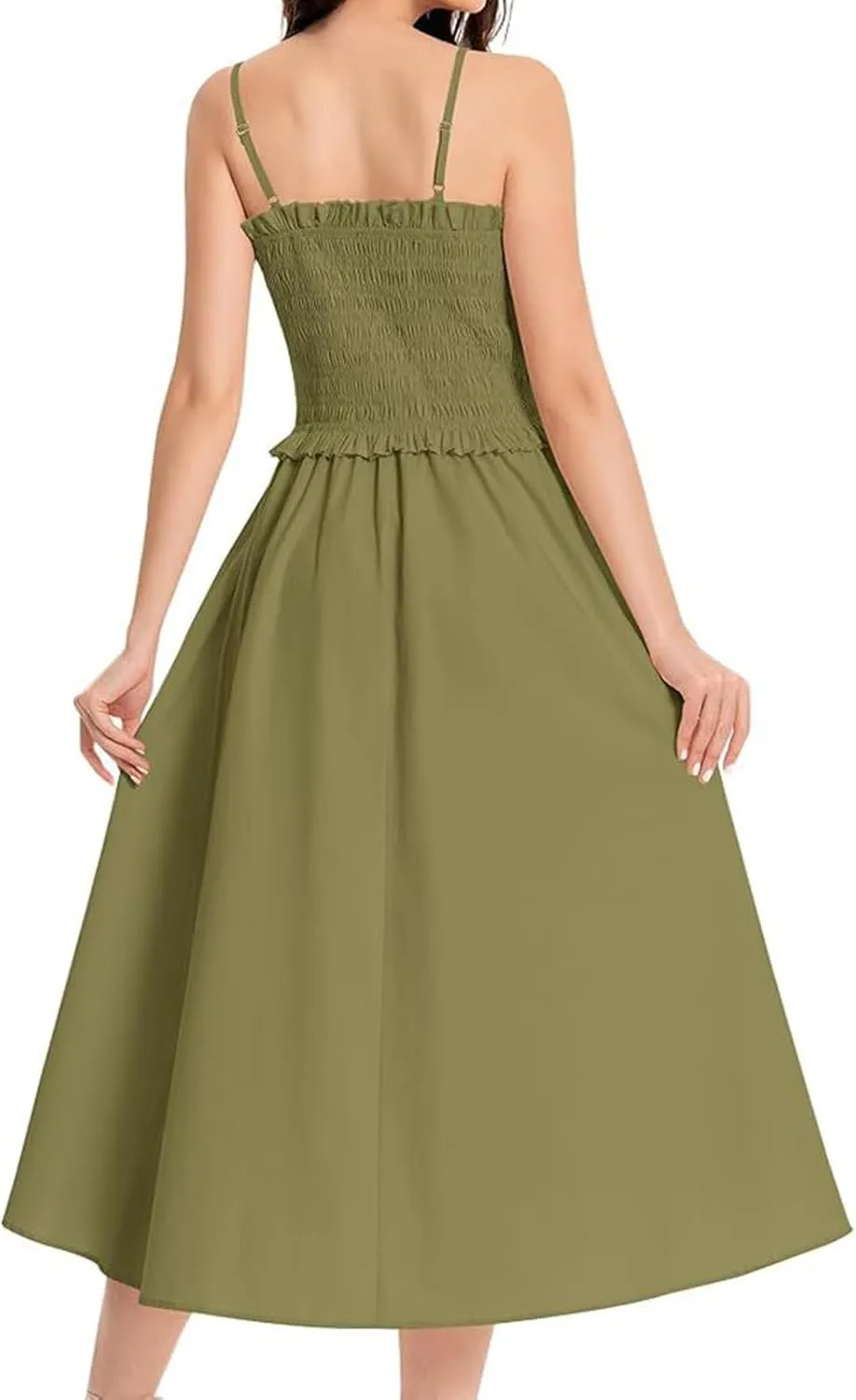 Womens Casual Dresses Summer Sleeveless Spaghetti Strap Maxi Dress Trendy Pleated Backless Ruffle Hem Tunic Dresses