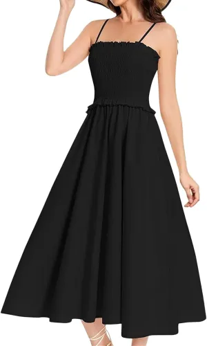 Womens Casual Dresses Summer Sleeveless Spaghetti Strap Maxi Dress Trendy Pleated Backless Ruffle Hem Tunic Dresses