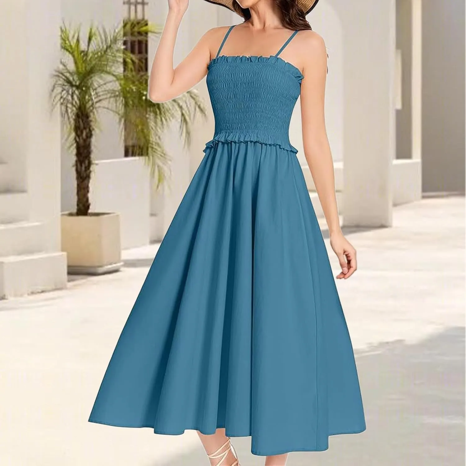 Womens Casual Dresses Summer Sleeveless Spaghetti Strap Maxi Dress Trendy Pleated Backless Ruffle Hem Tunic Dresses