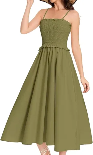 Womens Casual Dresses Summer Sleeveless Spaghetti Strap Maxi Dress Trendy Pleated Backless Ruffle Hem Tunic Dresses