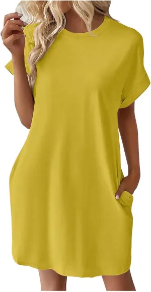 Womens Casual Summer Mini Tunic Dresses Short Sleeve Shift Dress Loose Crewneck Tshirt Sundress with Pockets