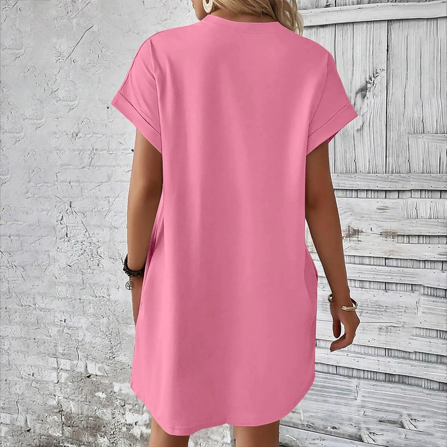 Womens Casual Summer Mini Tunic Dresses Short Sleeve Shift Dress Loose Crewneck Tshirt Sundress with Pockets