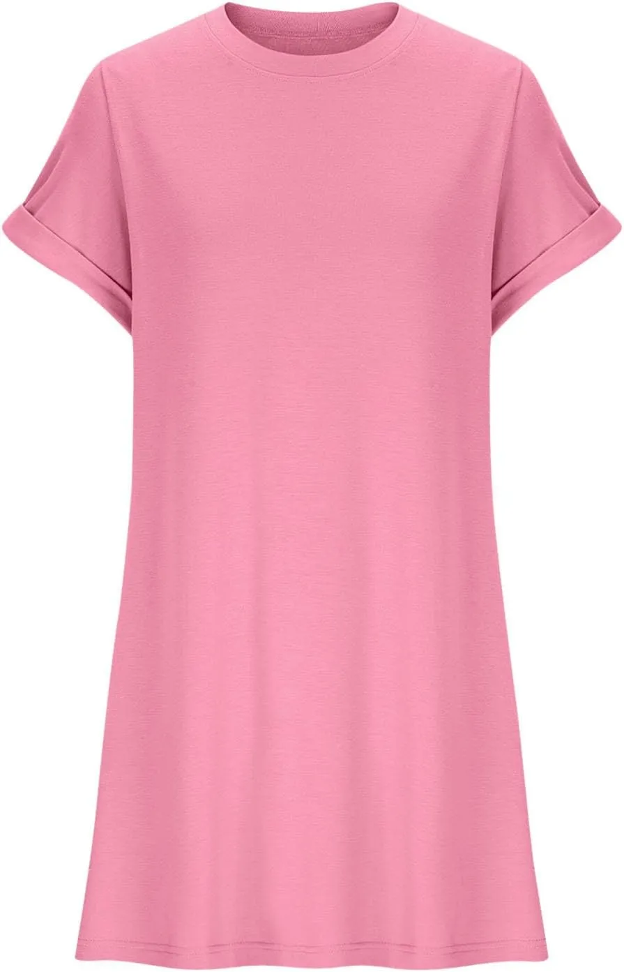 Womens Casual Summer Mini Tunic Dresses Short Sleeve Shift Dress Loose Crewneck Tshirt Sundress with Pockets