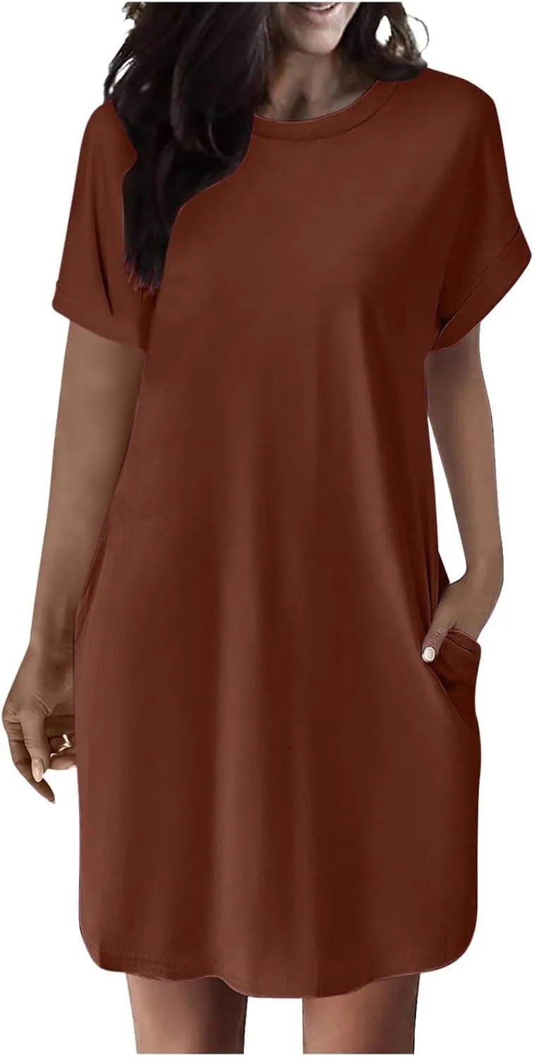 Womens Casual Summer Mini Tunic Dresses Short Sleeve Shift Dress Loose Crewneck Tshirt Sundress with Pockets