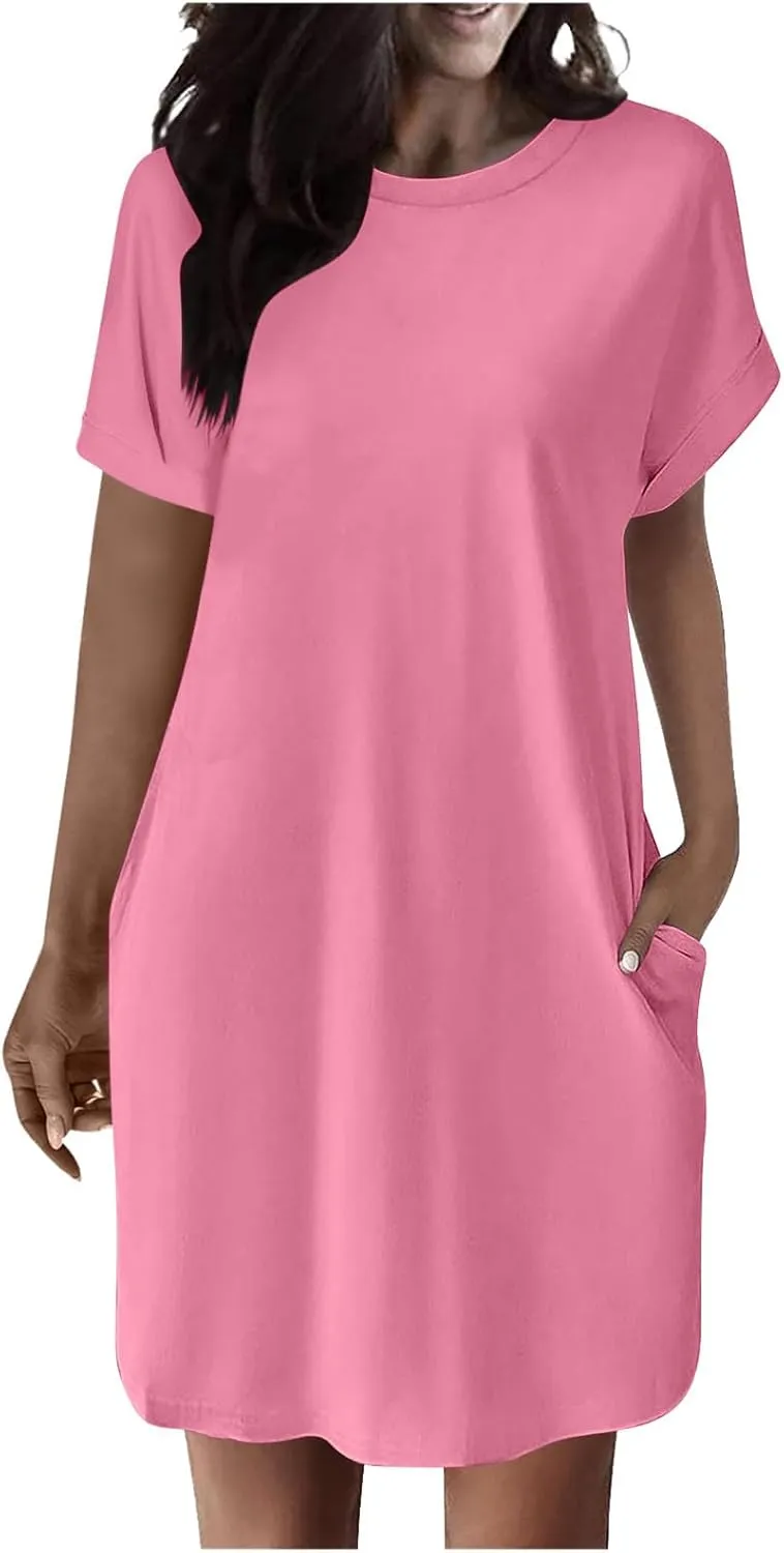 Womens Casual Summer Mini Tunic Dresses Short Sleeve Shift Dress Loose Crewneck Tshirt Sundress with Pockets