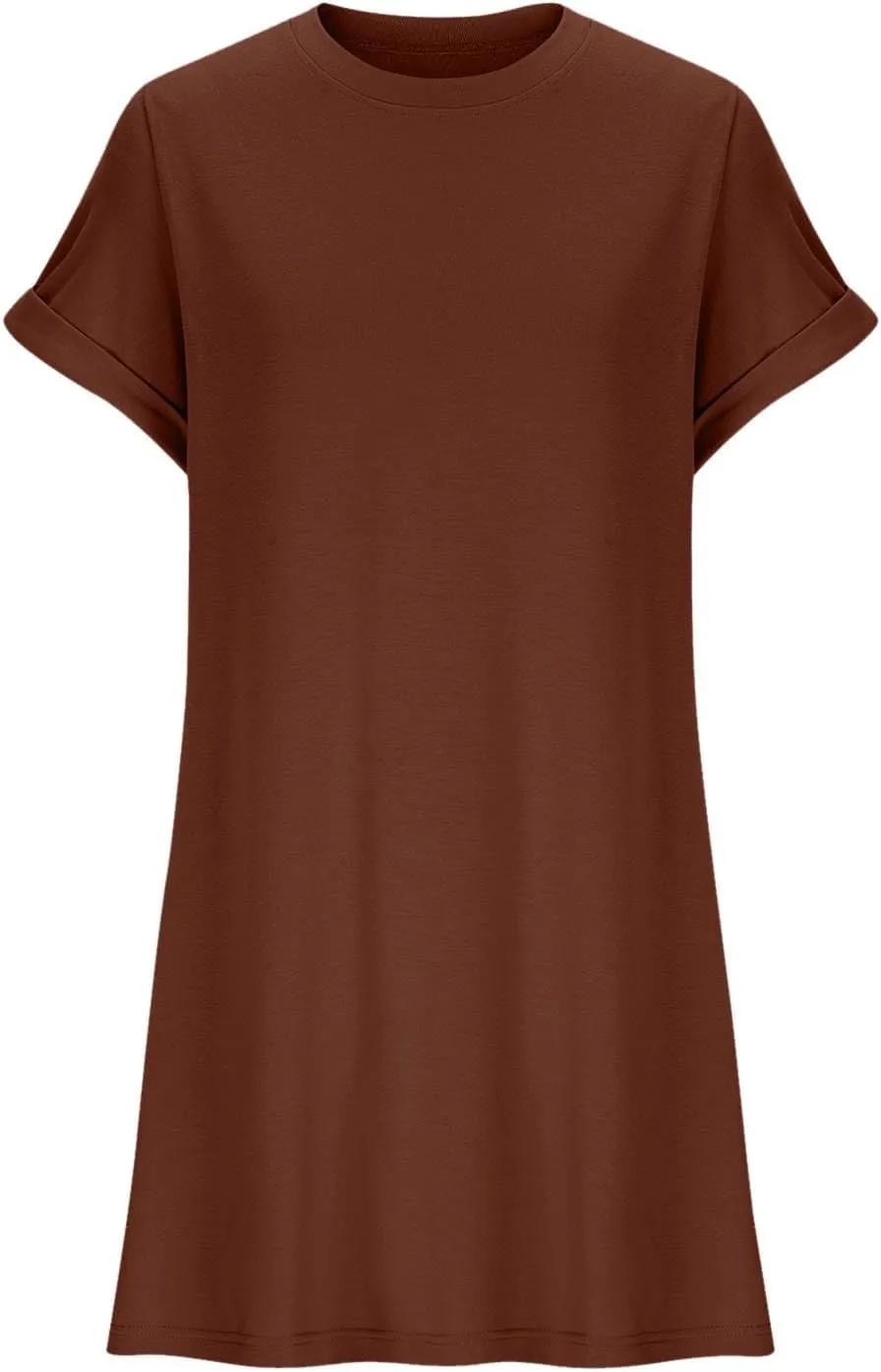 Womens Casual Summer Mini Tunic Dresses Short Sleeve Shift Dress Loose Crewneck Tshirt Sundress with Pockets