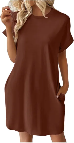 Womens Casual Summer Mini Tunic Dresses Short Sleeve Shift Dress Loose Crewneck Tshirt Sundress with Pockets