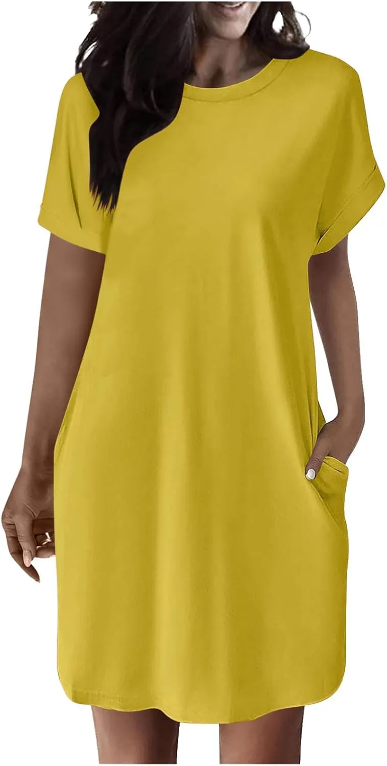 Womens Casual Summer Mini Tunic Dresses Short Sleeve Shift Dress Loose Crewneck Tshirt Sundress with Pockets