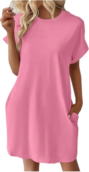 Womens Casual Summer Mini Tunic Dresses Short Sleeve Shift Dress Loose Crewneck Tshirt Sundress with Pockets