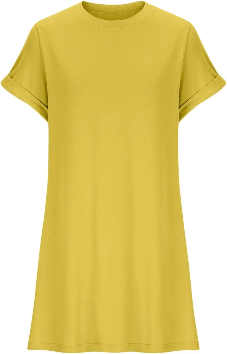 Womens Casual Summer Mini Tunic Dresses Short Sleeve Shift Dress Loose Crewneck Tshirt Sundress with Pockets