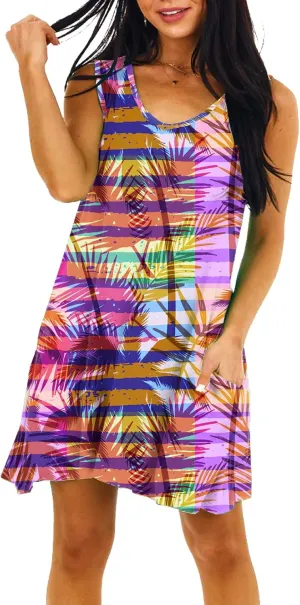 Womens Casual Sundress Summer Beach Sleeveless Floral Tunic Dresses with Pockets Striped Palm Tree M
