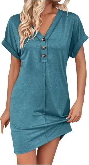 Women's Casual T Shirt Dress Button Up V Neck Tunic Dresses Summer Short Sleeve Mini Dress Loose Sundresses