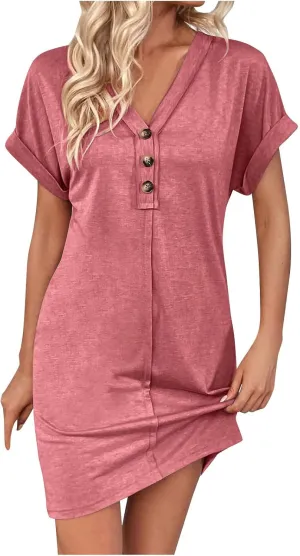 Women's Casual T Shirt Dress Button Up V Neck Tunic Dresses Summer Short Sleeve Mini Dress Loose Sundresses