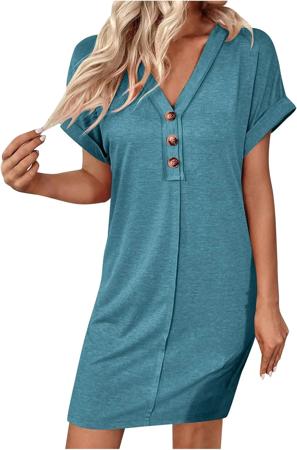 Women's Casual T Shirt Dress Button Up V Neck Tunic Dresses Summer Short Sleeve Mini Dress Loose Sundresses
