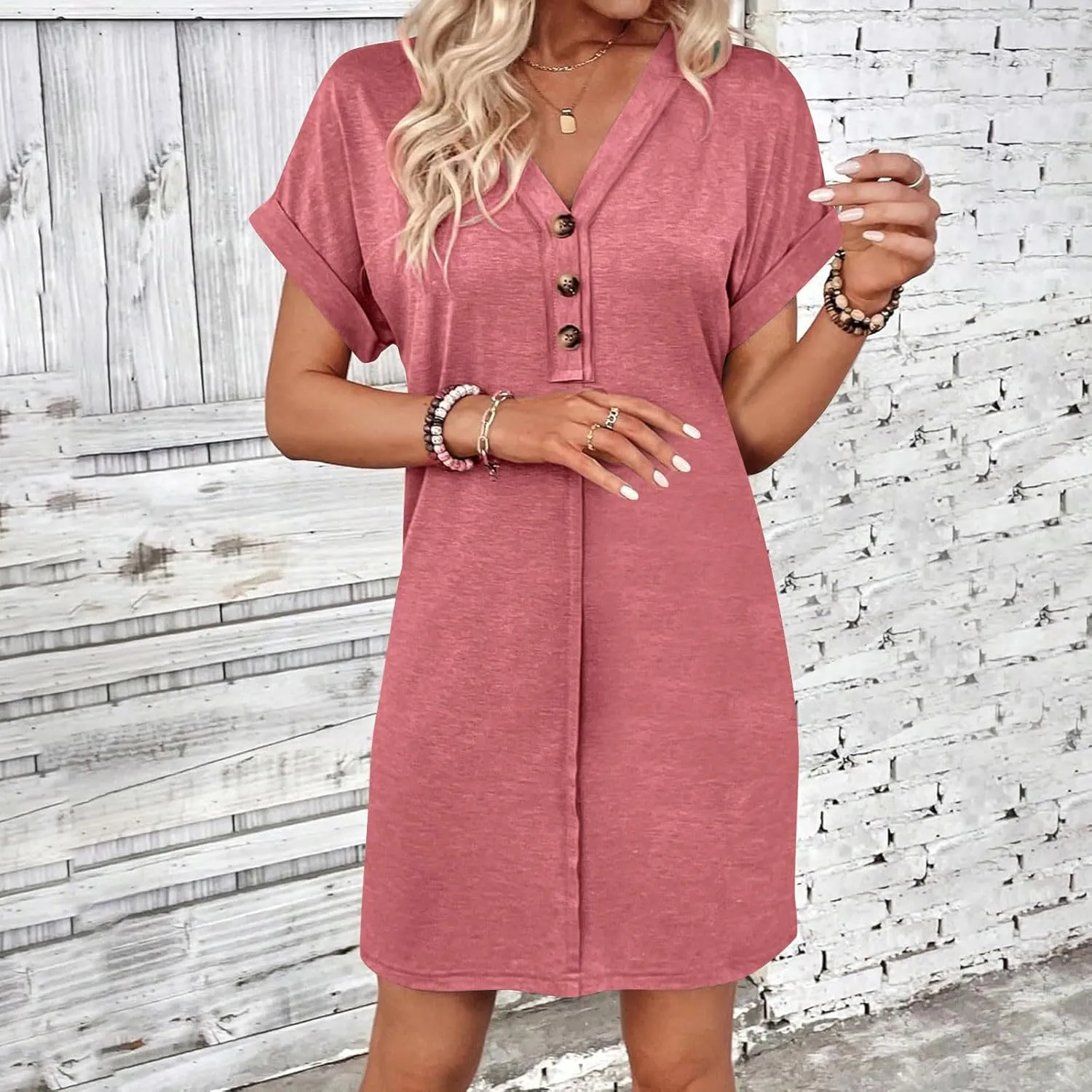 Women's Casual T Shirt Dress Button Up V Neck Tunic Dresses Summer Short Sleeve Mini Dress Loose Sundresses