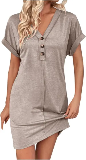 Women's Casual T Shirt Dress Button Up V Neck Tunic Dresses Summer Short Sleeve Mini Dress Loose Sundresses