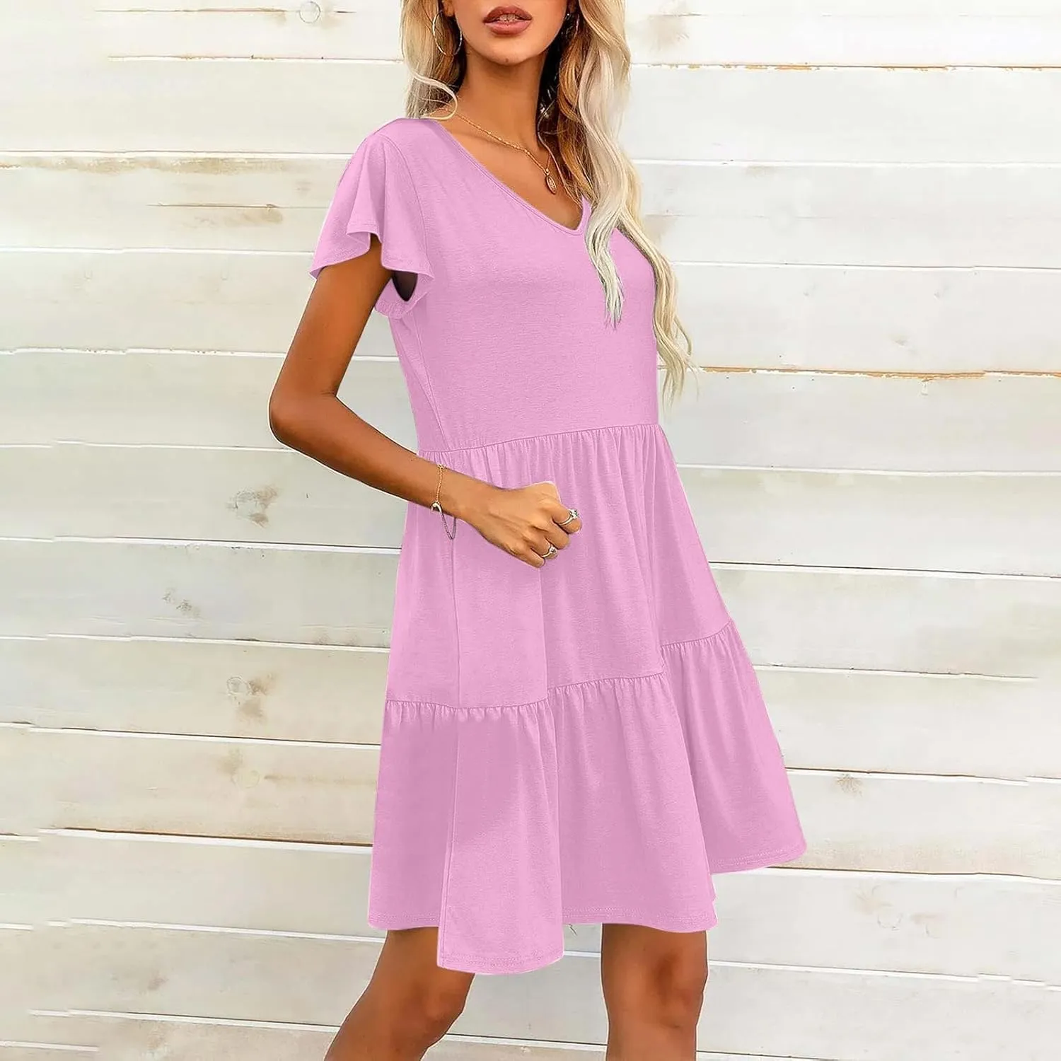 Womens Causal Summer Dresses 2024 Flutter Sleeve V Neck Tunic Tshirt Dress Pleated Ruffle Swing Beach Mini Sundress