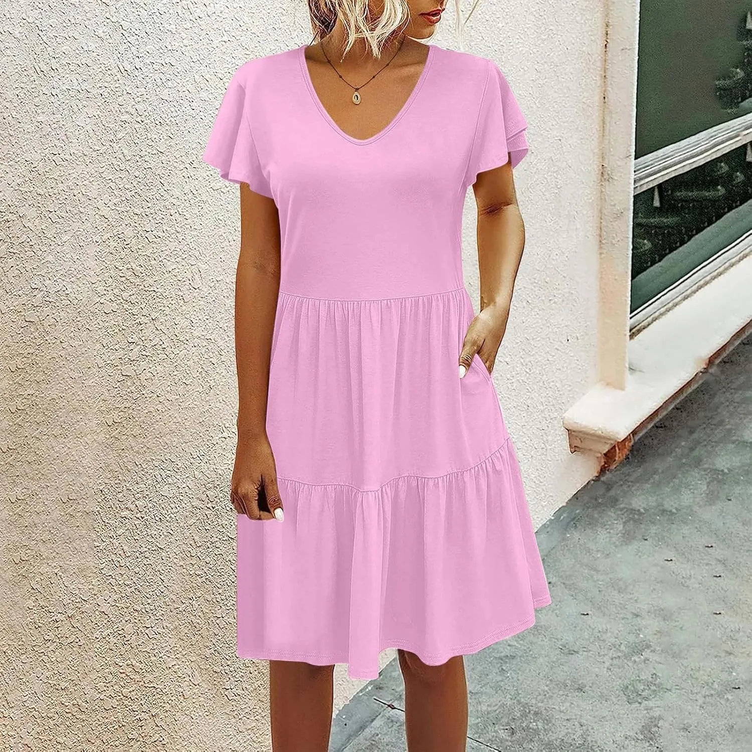 Womens Causal Summer Dresses 2024 Flutter Sleeve V Neck Tunic Tshirt Dress Pleated Ruffle Swing Beach Mini Sundress