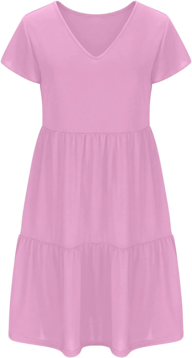 Womens Causal Summer Dresses 2024 Flutter Sleeve V Neck Tunic Tshirt Dress Pleated Ruffle Swing Beach Mini Sundress