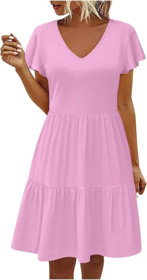 Womens Causal Summer Dresses 2024 Flutter Sleeve V Neck Tunic Tshirt Dress Pleated Ruffle Swing Beach Mini Sundress