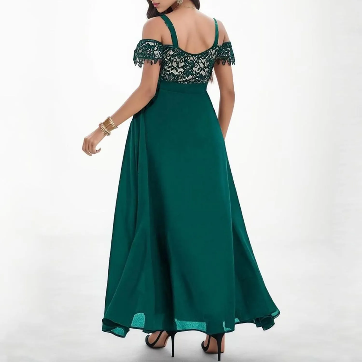 Womens Cold Shoulder Dresses Plus Size Lace Cocktail Dresses Chiffon Wedding Guest Maxi Dress Evening Party Gown