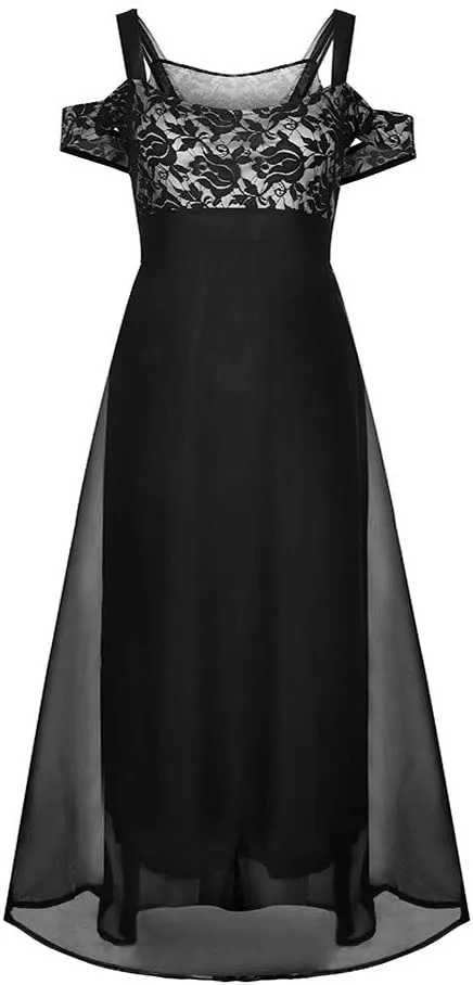 Womens Cold Shoulder Dresses Plus Size Lace Cocktail Dresses Chiffon Wedding Guest Maxi Dress Evening Party Gown