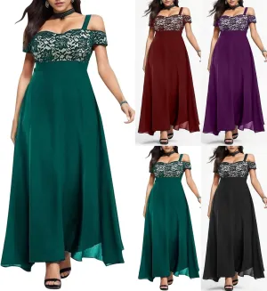 Womens Cold Shoulder Dresses Plus Size Lace Cocktail Dresses Chiffon Wedding Guest Maxi Dress Evening Party Gown