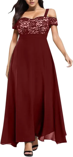 Womens Cold Shoulder Dresses Plus Size Lace Cocktail Dresses Chiffon Wedding Guest Maxi Dress Evening Party Gown
