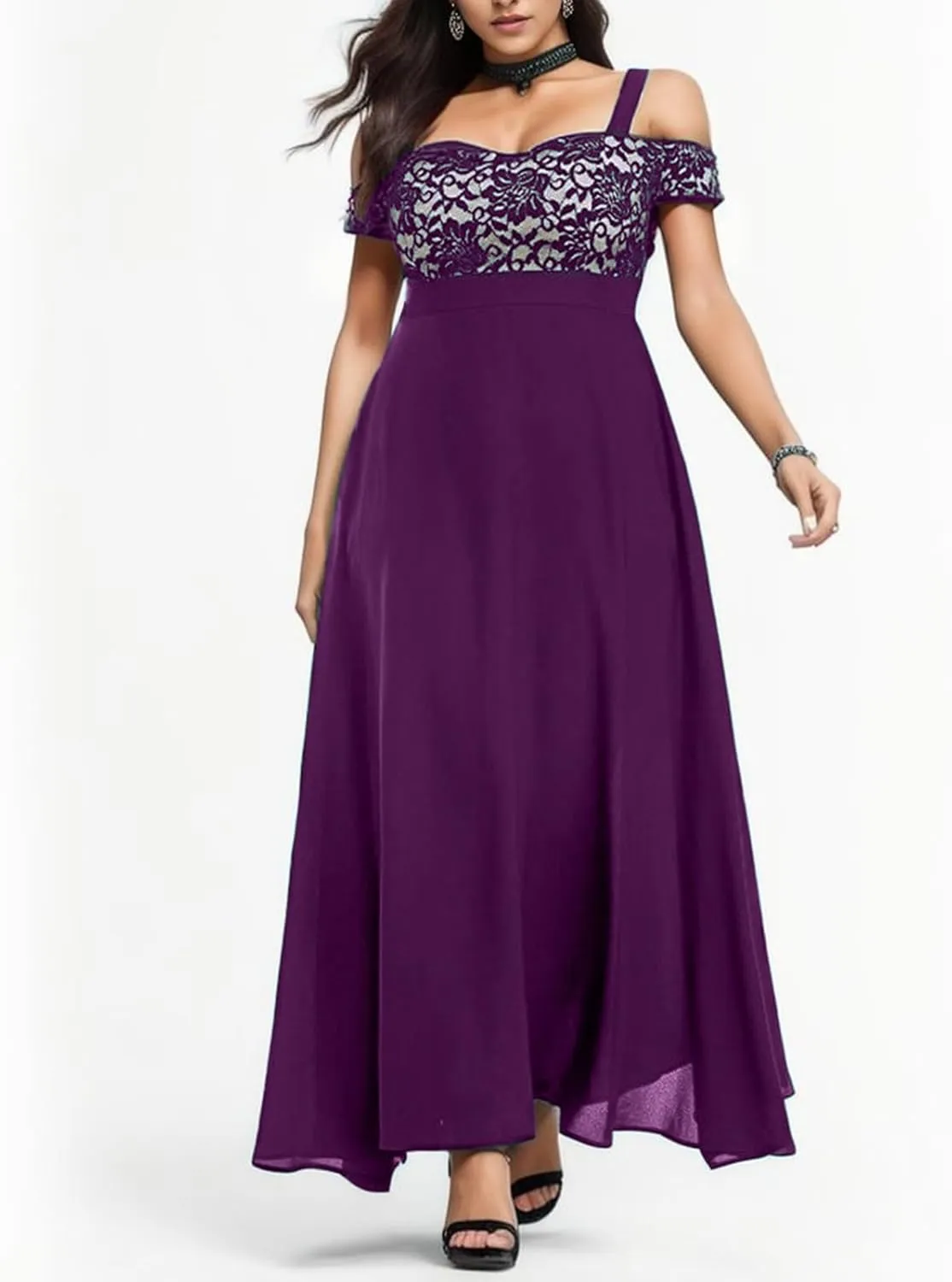 Womens Cold Shoulder Dresses Plus Size Lace Cocktail Dresses Chiffon Wedding Guest Maxi Dress Evening Party Gown