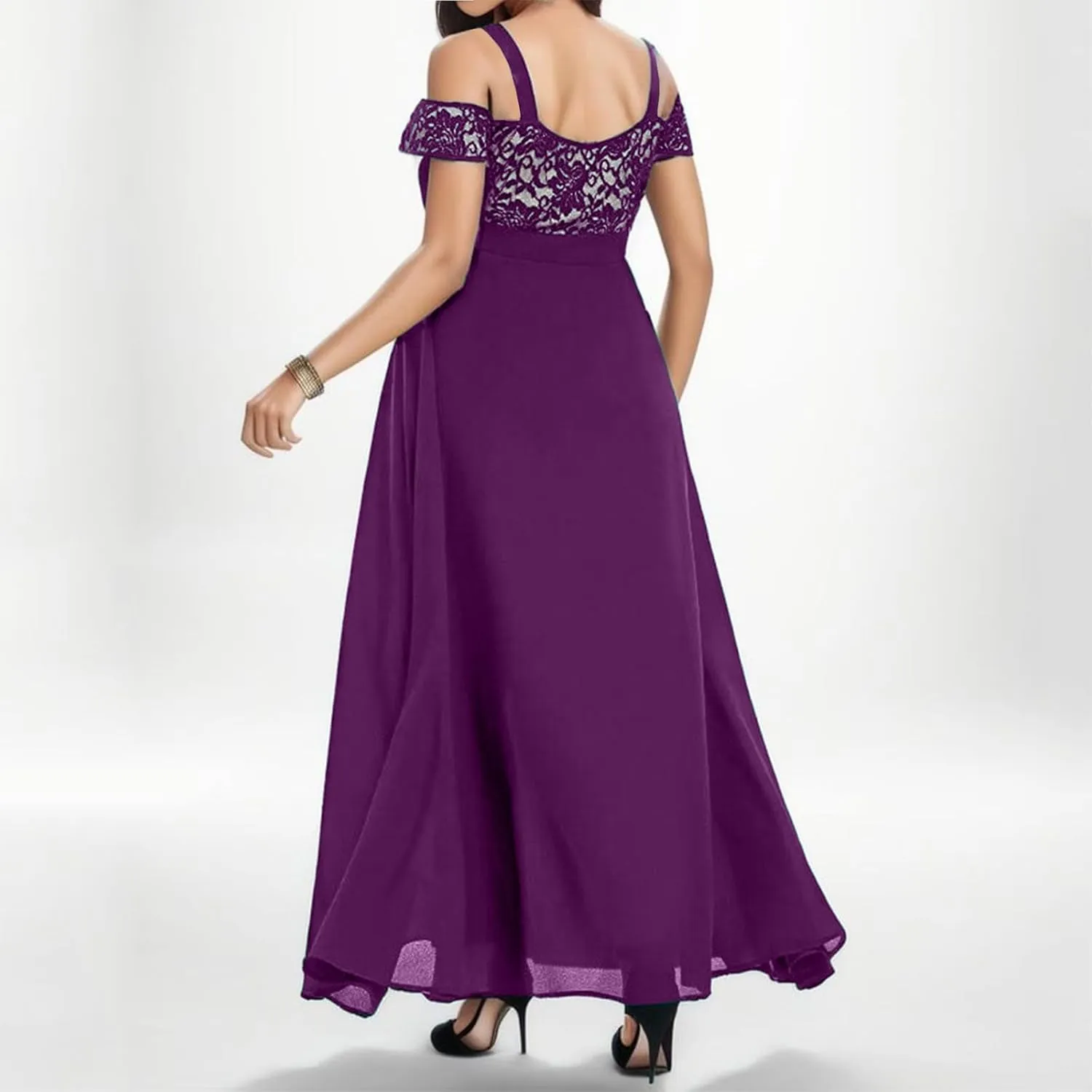 Womens Cold Shoulder Dresses Plus Size Lace Cocktail Dresses Chiffon Wedding Guest Maxi Dress Evening Party Gown