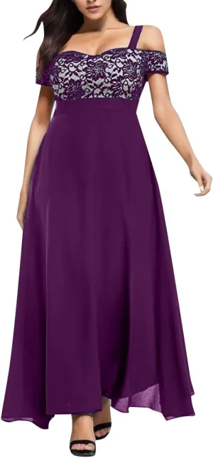 Womens Cold Shoulder Dresses Plus Size Lace Cocktail Dresses Chiffon Wedding Guest Maxi Dress Evening Party Gown