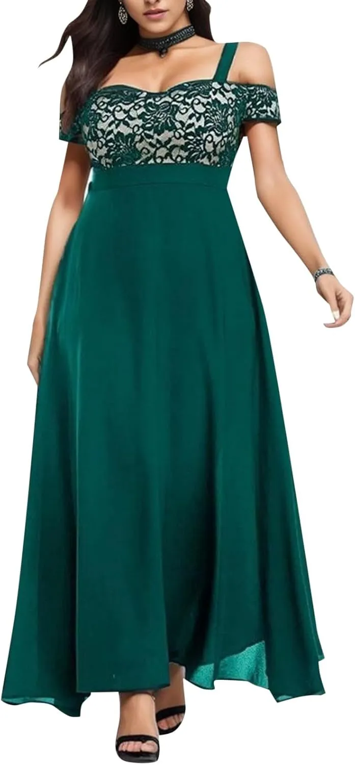 Womens Cold Shoulder Dresses Plus Size Lace Cocktail Dresses Chiffon Wedding Guest Maxi Dress Evening Party Gown