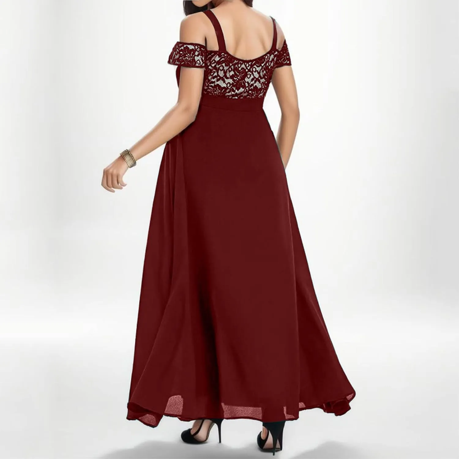 Womens Cold Shoulder Dresses Plus Size Lace Cocktail Dresses Chiffon Wedding Guest Maxi Dress Evening Party Gown