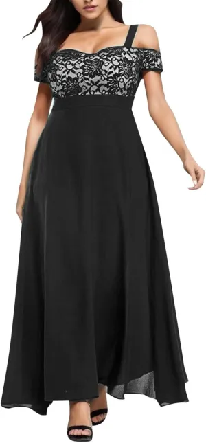 Womens Cold Shoulder Dresses Plus Size Lace Cocktail Dresses Chiffon Wedding Guest Maxi Dress Evening Party Gown