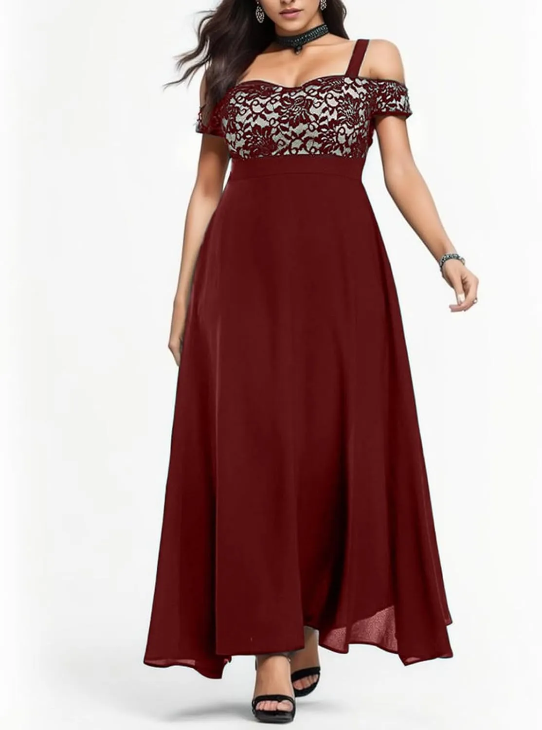 Womens Cold Shoulder Dresses Plus Size Lace Cocktail Dresses Chiffon Wedding Guest Maxi Dress Evening Party Gown