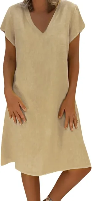 Women's Cotton Linen Dresses Summer Cup Sleeve Comfy Travel Sundresses Beach Wear Trendy Spring Vacation Clothes 2025