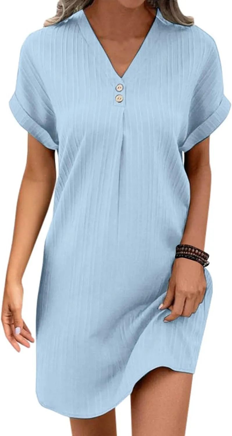 Womens Cotton Shirt Dress Summer Casual Short Sleeve Button Down Beach Cover Up Shirts Tunic Dresses with Pockets