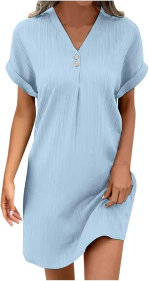 Womens Cotton Shirt Dress Summer Casual Short Sleeve Button Down Beach Cover Up Shirts Tunic Dresses with Pockets