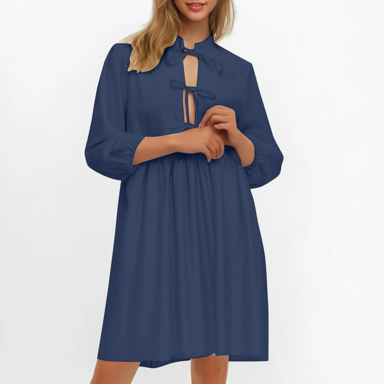 Women's Dress Fall Long Puff Sleeve Self Tie Front Babydoll A Line Pleated Cute Mini Tunic Dresses 2025
