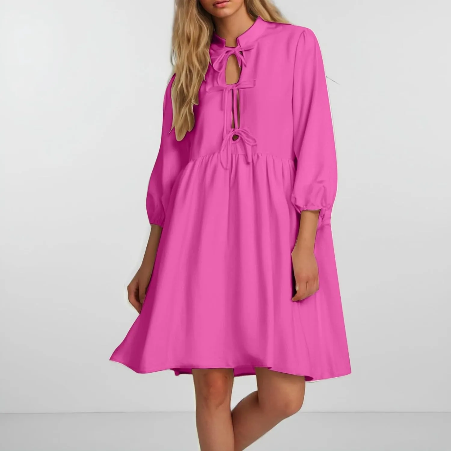 Women's Dress Fall Long Puff Sleeve Self Tie Front Babydoll A Line Pleated Cute Mini Tunic Dresses 2025