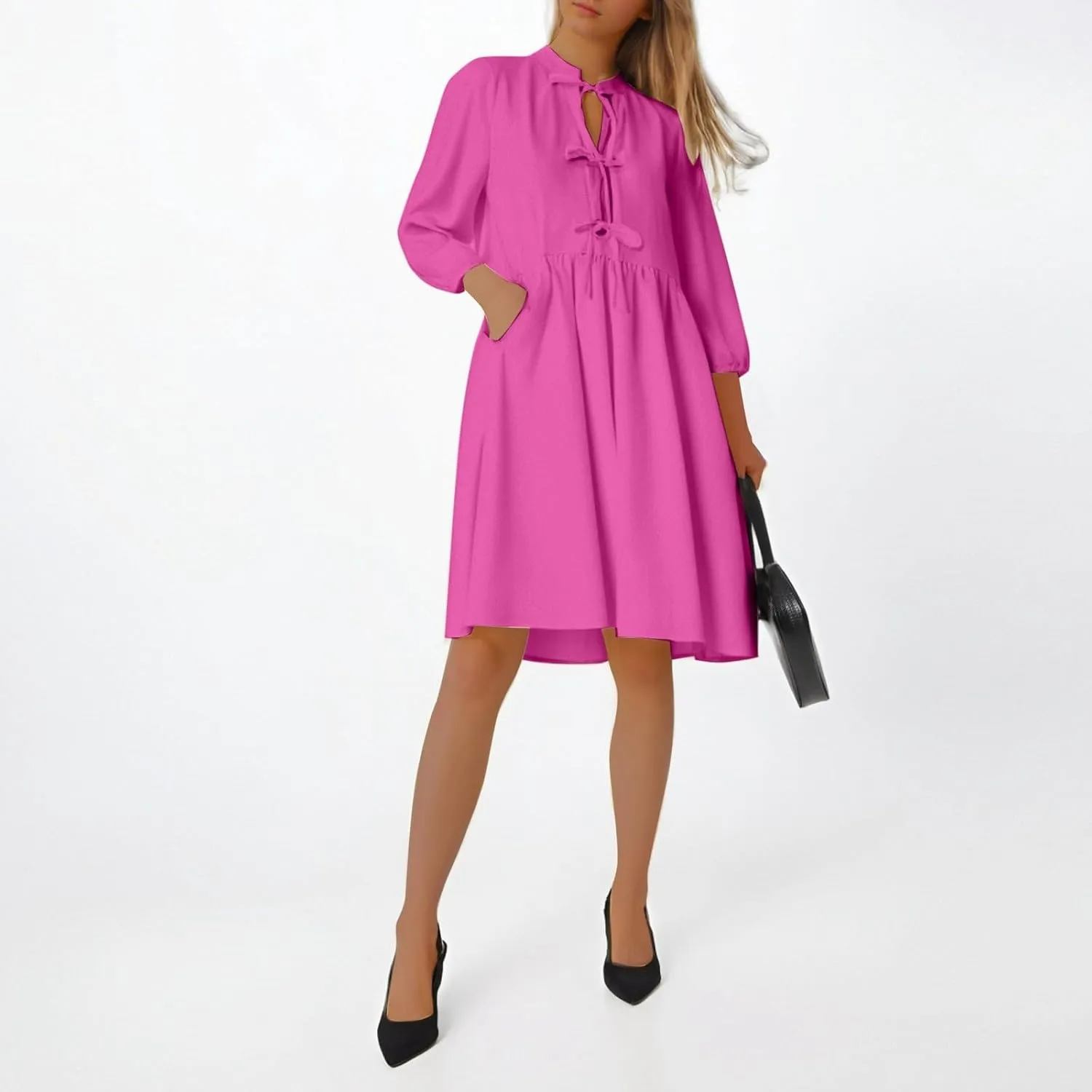 Women's Dress Fall Long Puff Sleeve Self Tie Front Babydoll A Line Pleated Cute Mini Tunic Dresses 2025