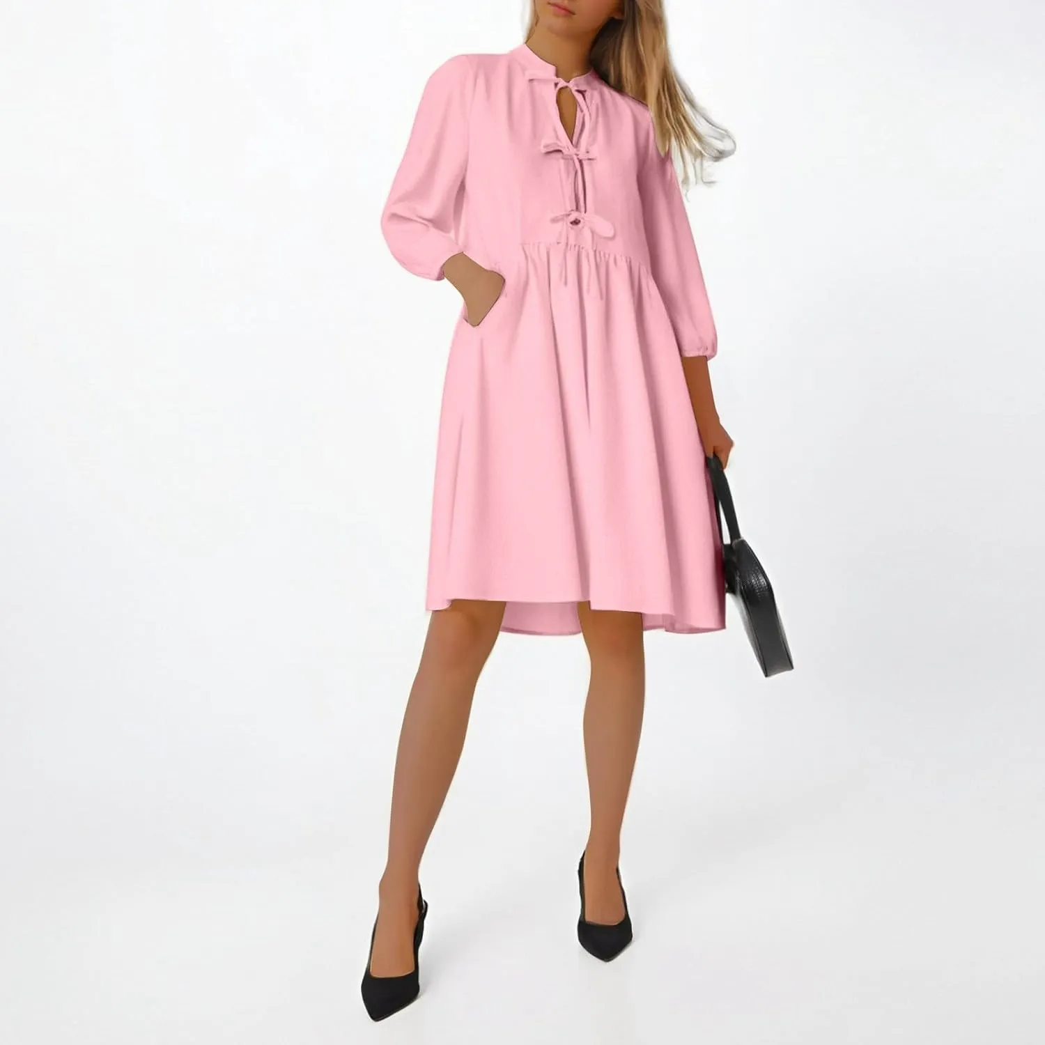 Women's Dress Fall Long Puff Sleeve Self Tie Front Babydoll A Line Pleated Cute Mini Tunic Dresses 2025