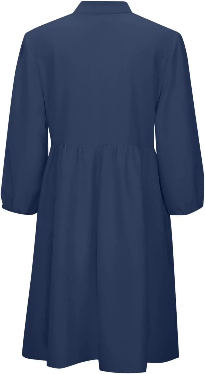 Women's Dress Fall Long Puff Sleeve Self Tie Front Babydoll A Line Pleated Cute Mini Tunic Dresses 2025